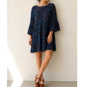 LaRoque 100% Silk Abstract Print Tunic Dress Resortwear Blue Brown One Size